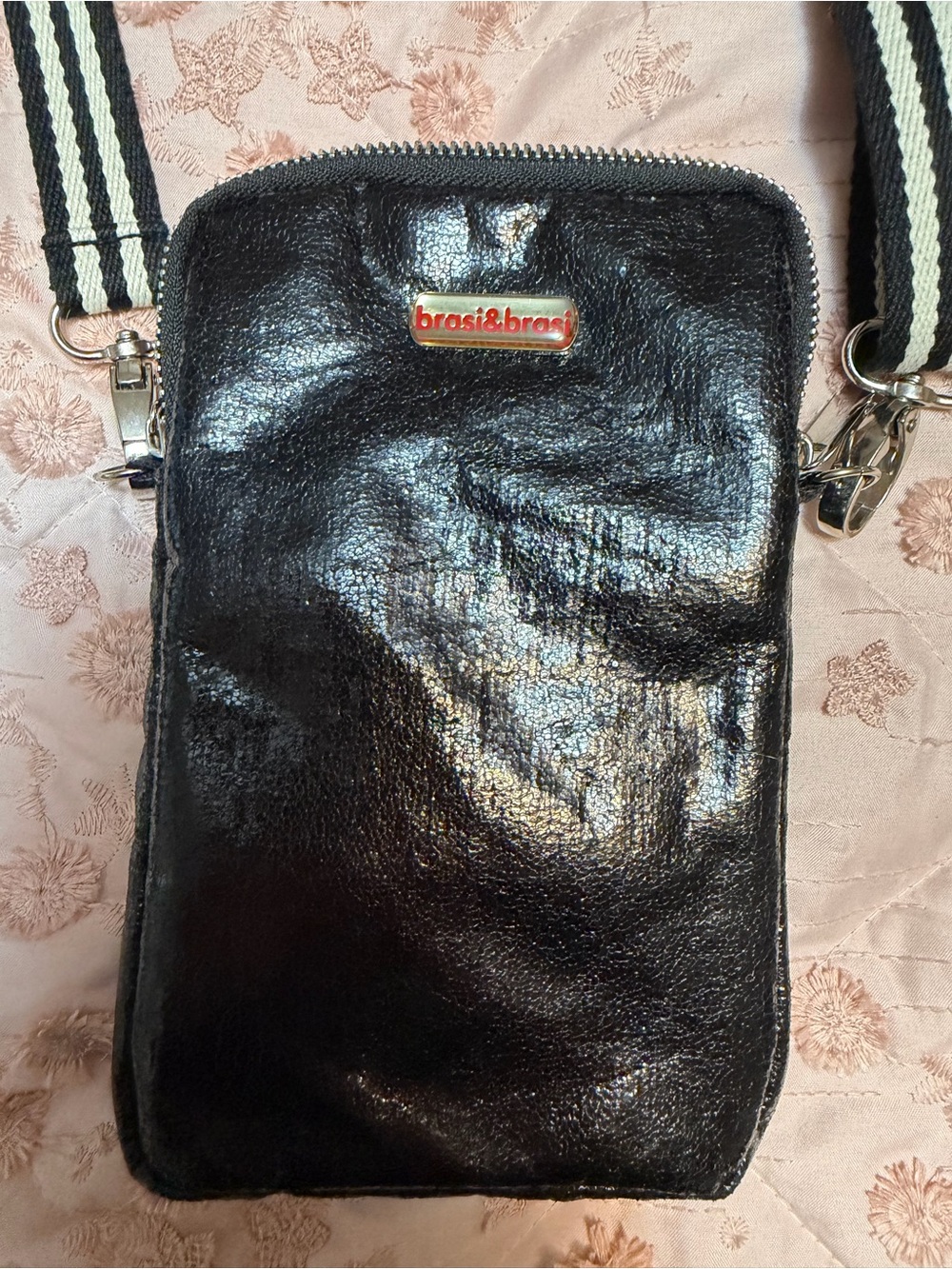 brasi&brasi Textured Black Metallic Crossbody Phone Bag Pouch Neon Pink